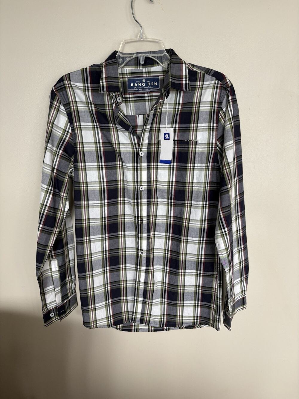 NWT Hang Ten Plaid Button Up Shirt Mens Medium Blue Green Long Sleeve Cotton